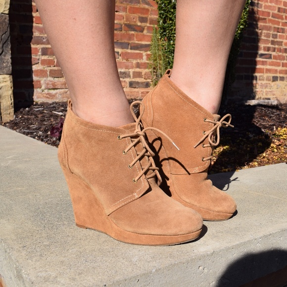 Jessica Simpson Shoes - Jessica Simpson tan suede laced wedge booties